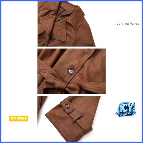 Faux Suede Trench Coat Double Breasted Pea Coat with Belt - Picture 5 of 6